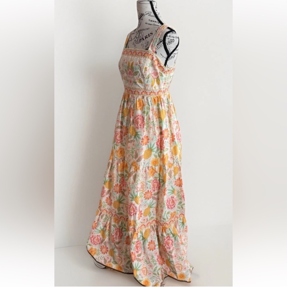 Rachel Zoe Floral Boho Tiered Ruffle Maxi Dress Pineapple Tropical Cotton Size 4 - Picture 6 of 14